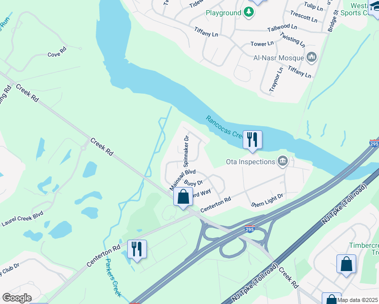 map of restaurants, bars, coffee shops, grocery stores, and more near 26 Spinnaker Drive in Mount Laurel