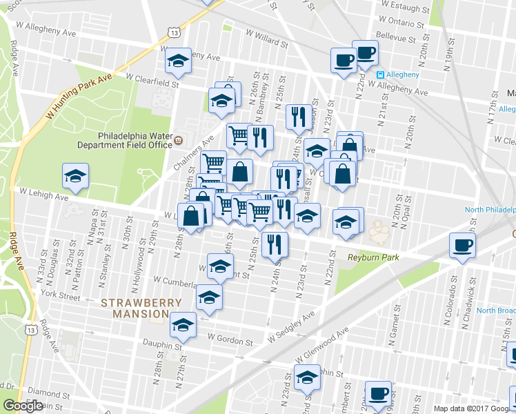 map of restaurants, bars, coffee shops, grocery stores, and more near 2502 West Seltzer Street in Philadelphia