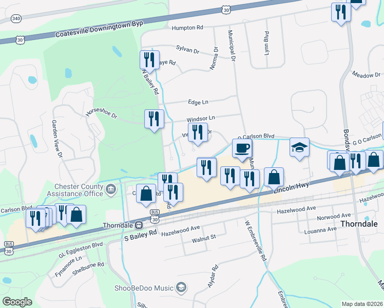 map of restaurants, bars, coffee shops, grocery stores, and more near 9 Harvest Drive in Thorndale