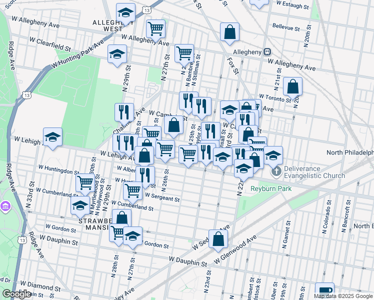 map of restaurants, bars, coffee shops, grocery stores, and more near 2502 West Seltzer Street in Philadelphia