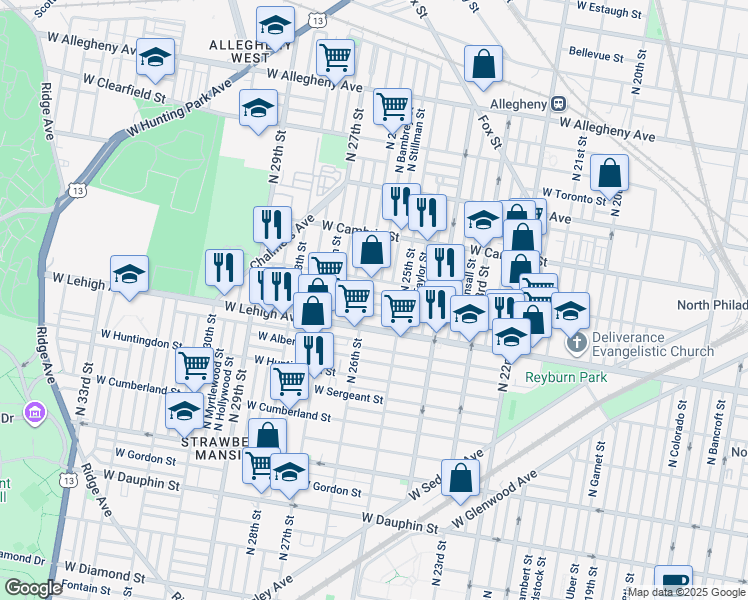 map of restaurants, bars, coffee shops, grocery stores, and more near 2547 West Silver Street in Philadelphia