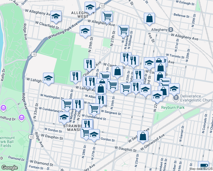 map of restaurants, bars, coffee shops, grocery stores, and more near 2648 West Silver Street in Philadelphia