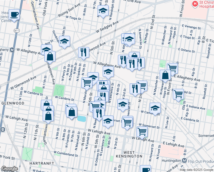 map of restaurants, bars, coffee shops, grocery stores, and more near 3025 North 5th Street in Philadelphia