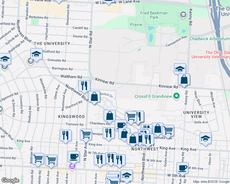 map of restaurants, bars, coffee shops, grocery stores, and more near 1420 Presidential Drive in Columbus