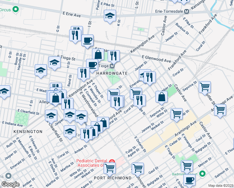 map of restaurants, bars, coffee shops, grocery stores, and more near 3422 Helen Street in Philadelphia