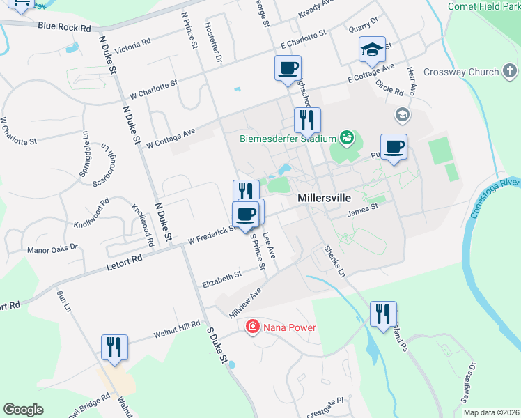 map of restaurants, bars, coffee shops, grocery stores, and more near 59 West Frederick Street in Millersville