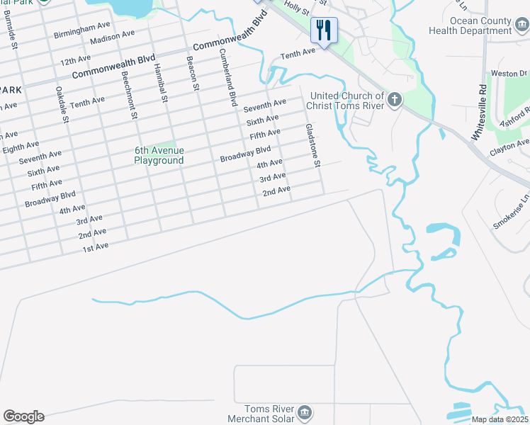 map of restaurants, bars, coffee shops, grocery stores, and more near 1941 1st Avenue in Toms River