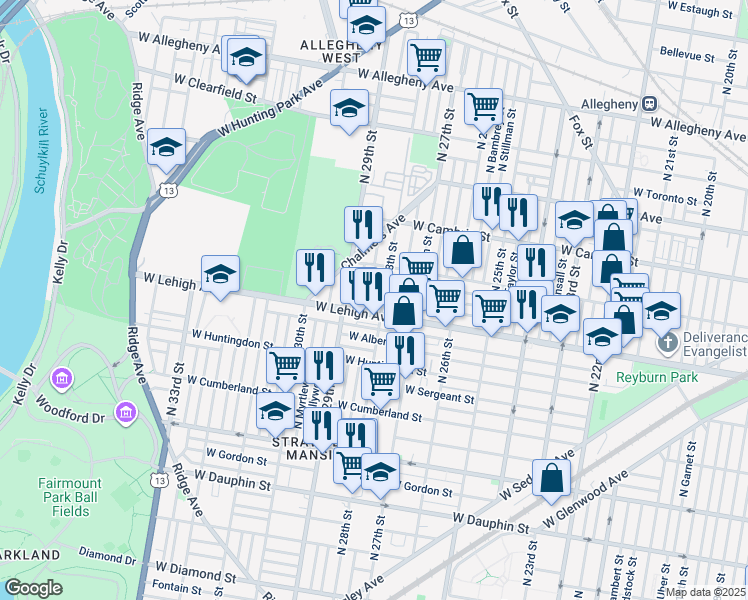 map of restaurants, bars, coffee shops, grocery stores, and more near 2717 North Newkirk Street in Philadelphia