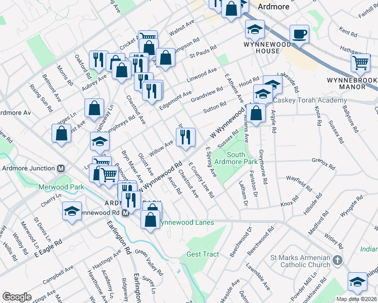 map of restaurants, bars, coffee shops, grocery stores, and more near 1519 Wynnewood Road in Ardmore