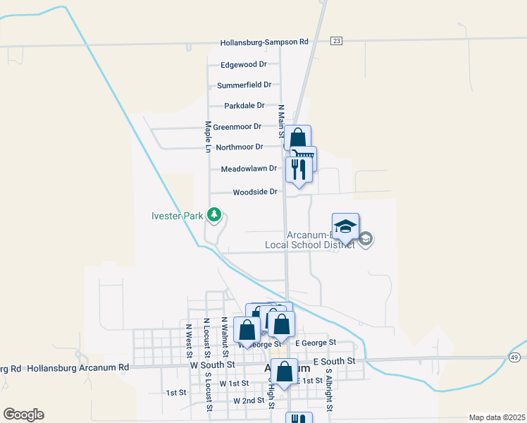 map of restaurants, bars, coffee shops, grocery stores, and more near 510 N Main St in Arcanum