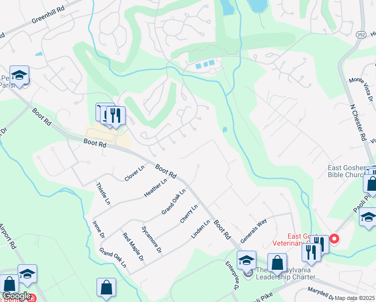 map of restaurants, bars, coffee shops, grocery stores, and more near 1531 Meadowbrook Lane in West Chester