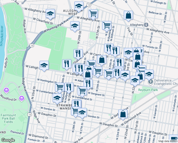 map of restaurants, bars, coffee shops, grocery stores, and more near 2711 West Sterner Street in Philadelphia