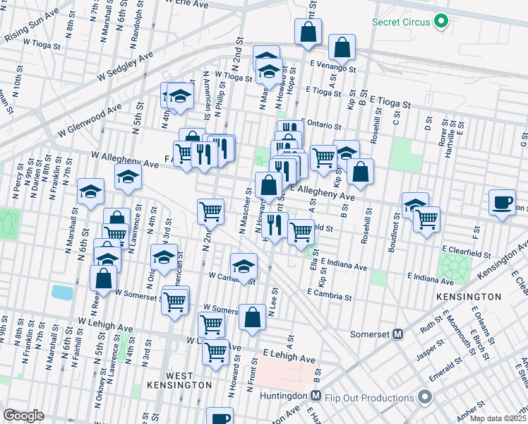 map of restaurants, bars, coffee shops, grocery stores, and more near 3101-31 North Howard Street in Philadelphia