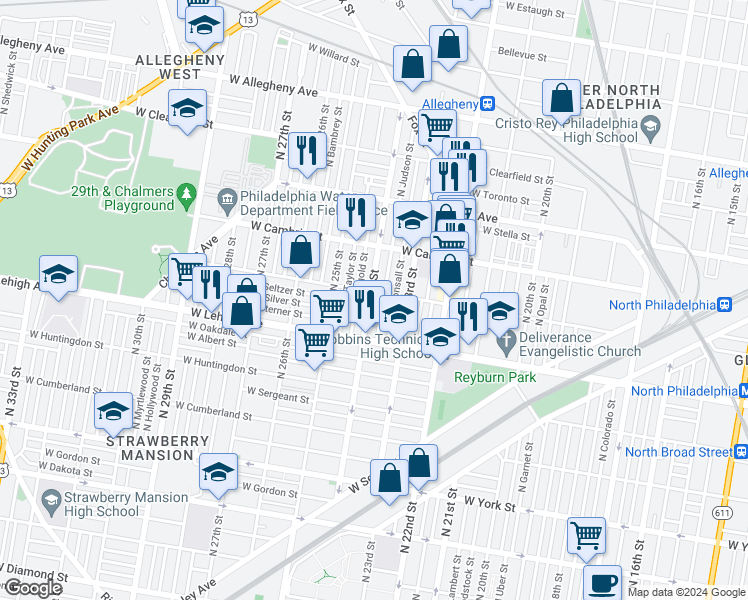 map of restaurants, bars, coffee shops, grocery stores, and more near 2761 North 24th Street in Philadelphia