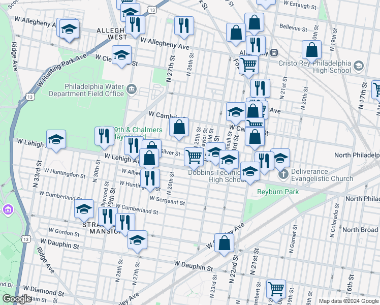map of restaurants, bars, coffee shops, grocery stores, and more near 2510 West Seltzer Street in Philadelphia