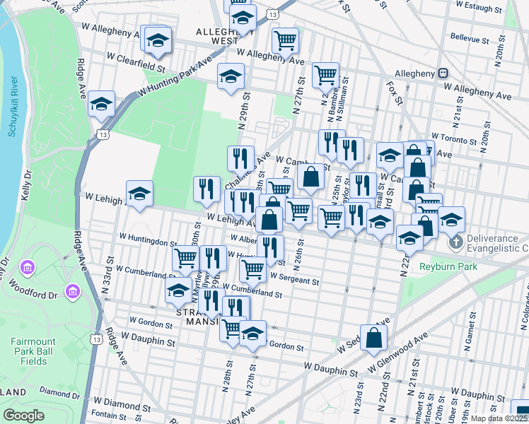 map of restaurants, bars, coffee shops, grocery stores, and more near 2731 West Sterner Street in Philadelphia