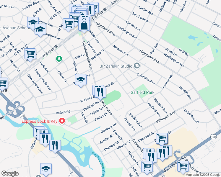 map of restaurants, bars, coffee shops, grocery stores, and more near 21 East Henry Street in Palmyra