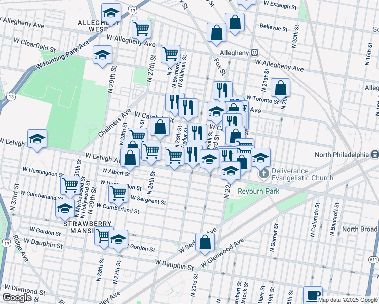 map of restaurants, bars, coffee shops, grocery stores, and more near 2757 North Ringgold Street in Philadelphia