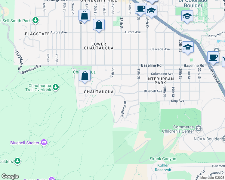 map of restaurants, bars, coffee shops, grocery stores, and more near 375 Bellevue Drive in Boulder