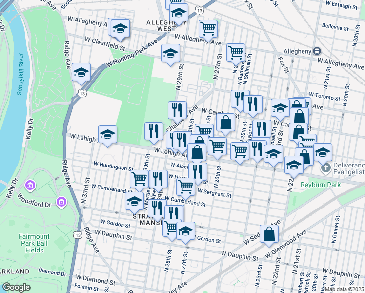 map of restaurants, bars, coffee shops, grocery stores, and more near 2717 North Newkirk Street in Philadelphia