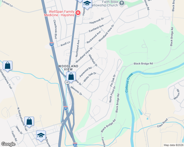 map of restaurants, bars, coffee shops, grocery stores, and more near 165 White Oak Dr in York