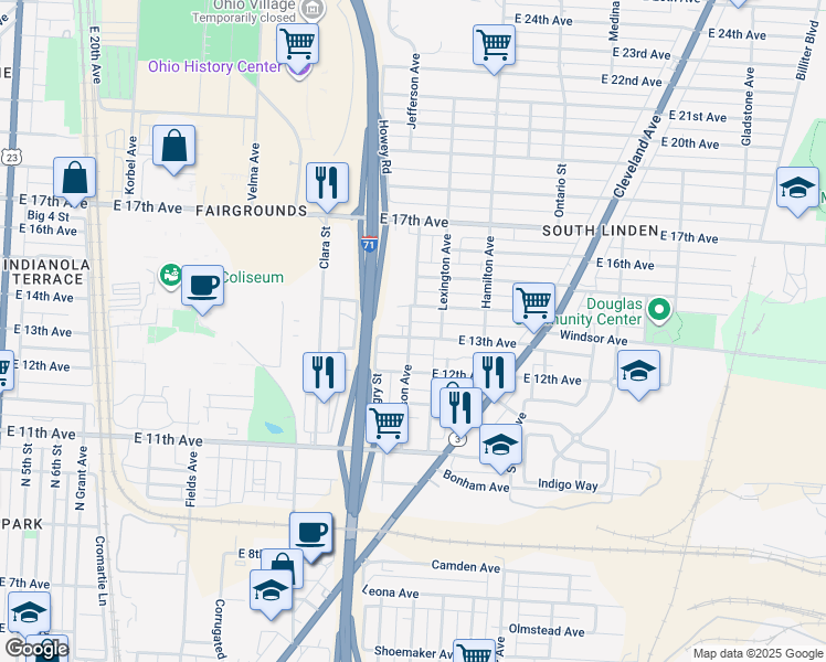 map of restaurants, bars, coffee shops, grocery stores, and more near 898 East 13th Avenue in Columbus