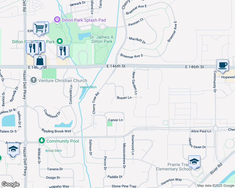map of restaurants, bars, coffee shops, grocery stores, and more near 6478 Brauer Lane in Carmel