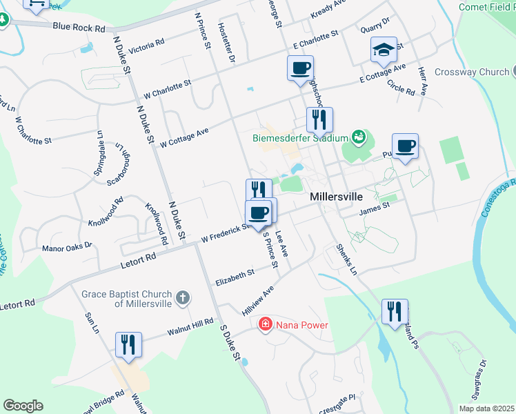 map of restaurants, bars, coffee shops, grocery stores, and more near 17 North Prince Street in Millersville