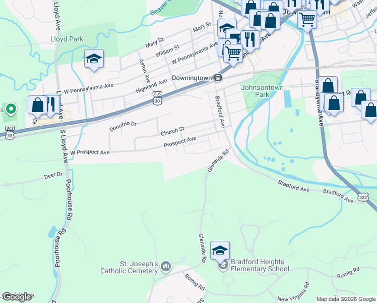 map of restaurants, bars, coffee shops, grocery stores, and more near 304 Jacqueline Drive in Downingtown