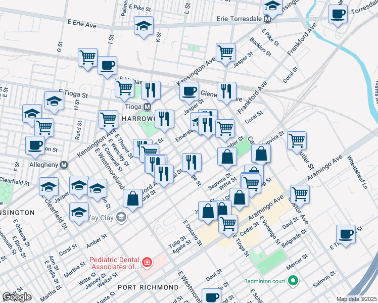 map of restaurants, bars, coffee shops, grocery stores, and more near 3524 Frankford Avenue in Philadelphia