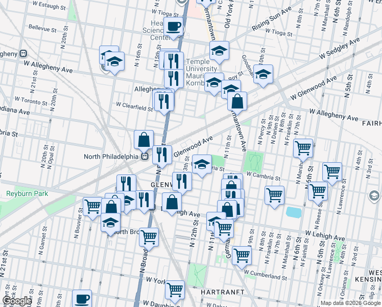 map of restaurants, bars, coffee shops, grocery stores, and more near 2931 North 13th Street in Philadelphia