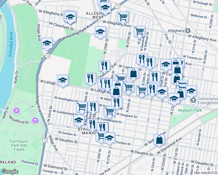 map of restaurants, bars, coffee shops, grocery stores, and more near 2718 North 28th Street in Philadelphia