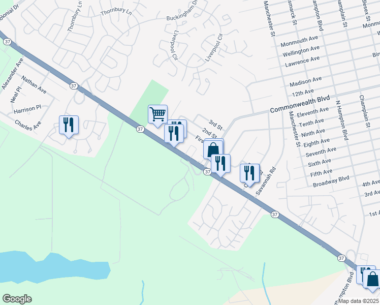 map of restaurants, bars, coffee shops, grocery stores, and more near 2016 New Jersey 37 in Manchester Township