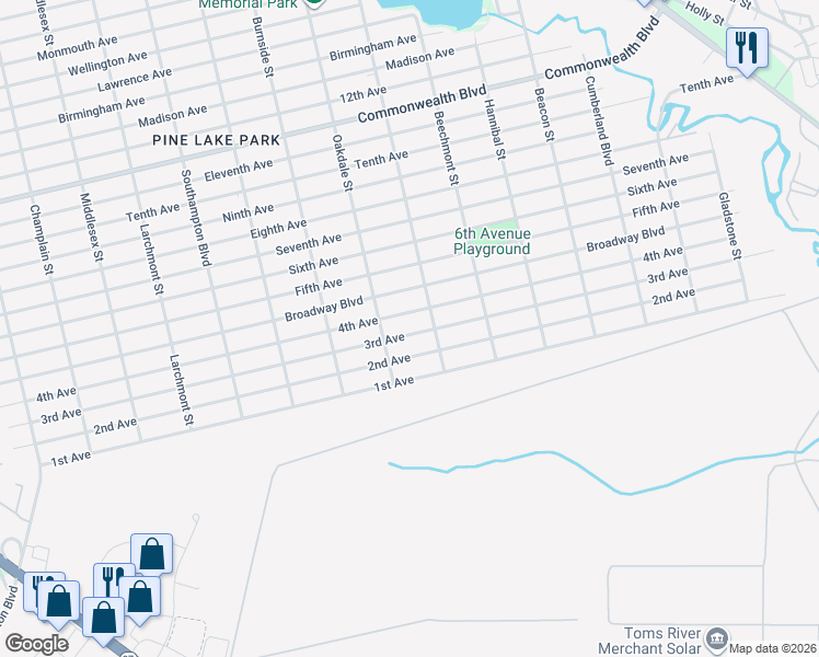 map of restaurants, bars, coffee shops, grocery stores, and more near 1525 3rd Avenue in Toms River