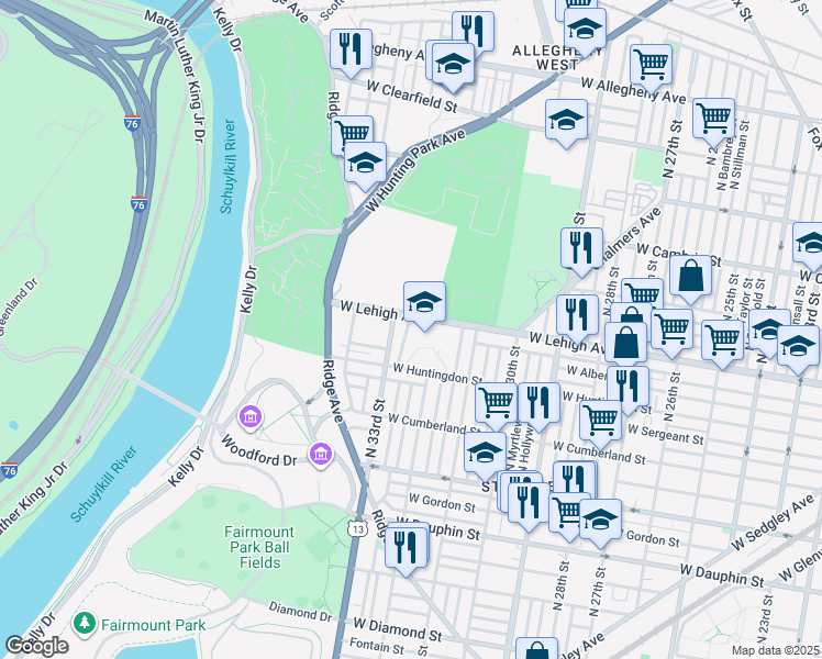 map of restaurants, bars, coffee shops, grocery stores, and more near 2650 North Douglas Street in Philadelphia