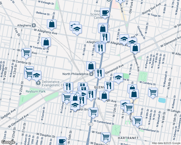 map of restaurants, bars, coffee shops, grocery stores, and more near 2900 North Broad Street in Philadelphia