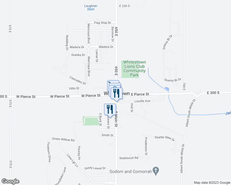 map of restaurants, bars, coffee shops, grocery stores, and more near 1 North Main Street in Whitestown