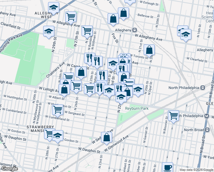 map of restaurants, bars, coffee shops, grocery stores, and more near 2768 North Bonsall Street in Philadelphia