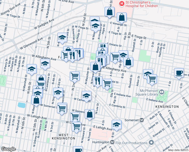 map of restaurants, bars, coffee shops, grocery stores, and more near 3101 North Howard Street in Philadelphia