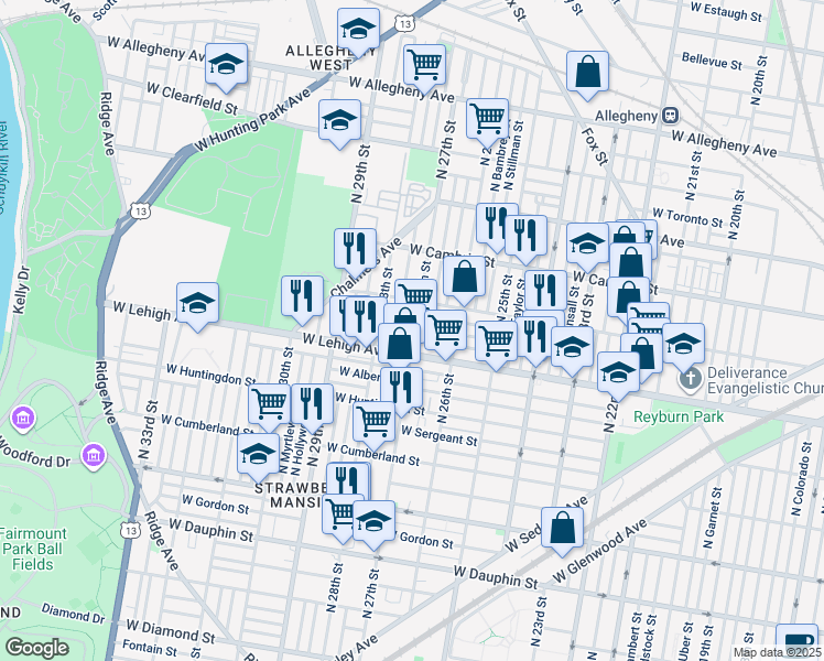 map of restaurants, bars, coffee shops, grocery stores, and more near 2700 West Silver Street in Philadelphia