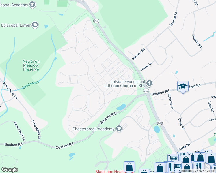map of restaurants, bars, coffee shops, grocery stores, and more near 302 Park Hill Lane in Newtown Square