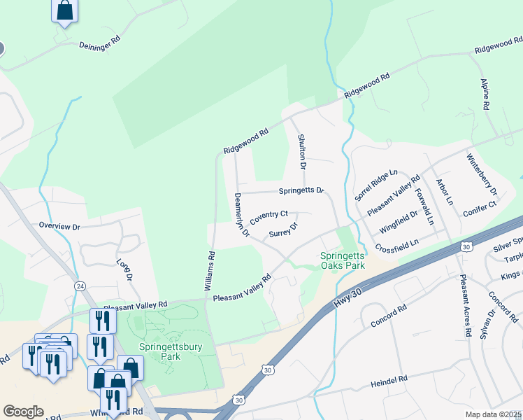 map of restaurants, bars, coffee shops, grocery stores, and more near 3619 Coventry Court in York