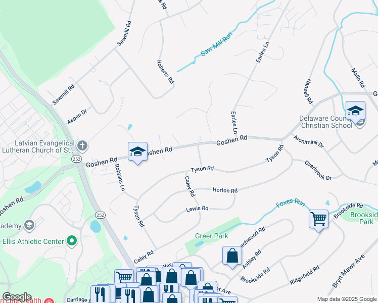 map of restaurants, bars, coffee shops, grocery stores, and more near 3502 Goshen Road in Newtown Square