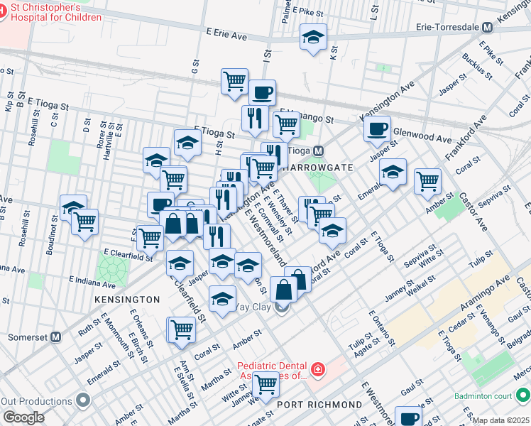 map of restaurants, bars, coffee shops, grocery stores, and more near 1843 East Cornwall Street in Philadelphia