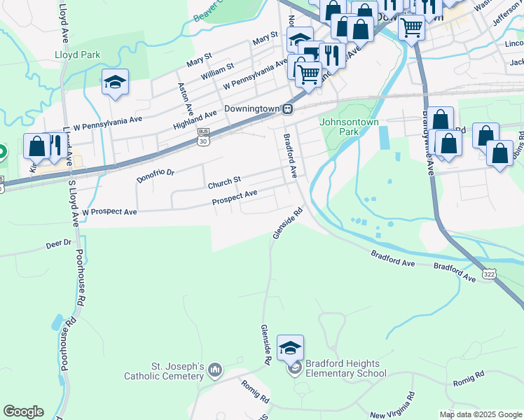 map of restaurants, bars, coffee shops, grocery stores, and more near 254 Prospect Ave in Downingtown