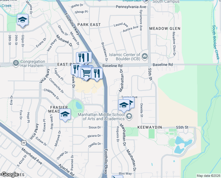 map of restaurants, bars, coffee shops, grocery stores, and more near 501 Manhattan Drive in Boulder