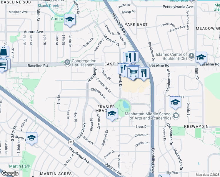 map of restaurants, bars, coffee shops, grocery stores, and more near 4430 Comanche Drive in Boulder