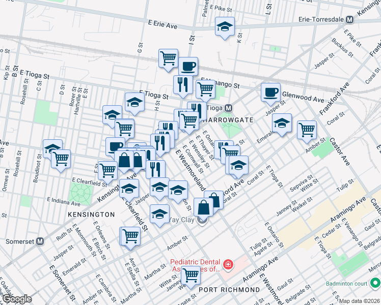 map of restaurants, bars, coffee shops, grocery stores, and more near 1841 East Cornwall Street in Philadelphia