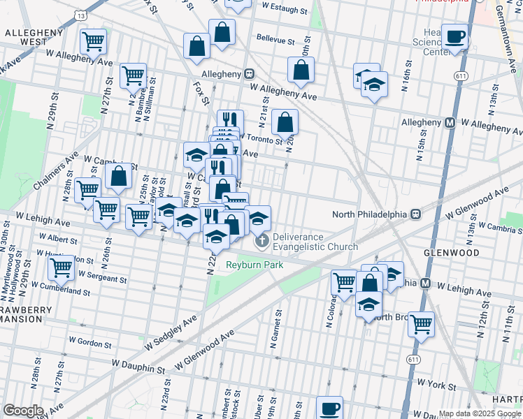 map of restaurants, bars, coffee shops, grocery stores, and more near 2810 North Lambert Street in Philadelphia
