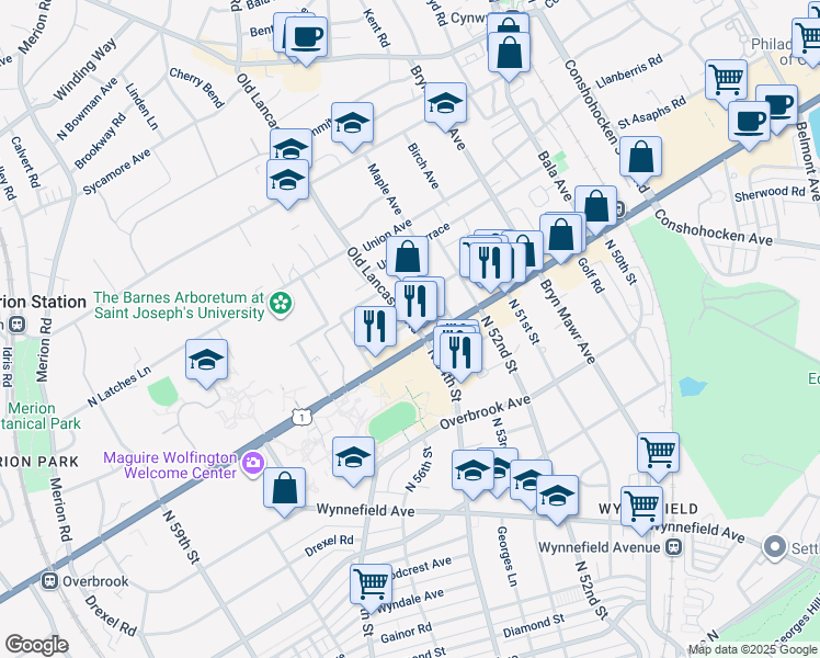 map of restaurants, bars, coffee shops, grocery stores, and more near 178 Stoneway Lane in Bala Cynwyd